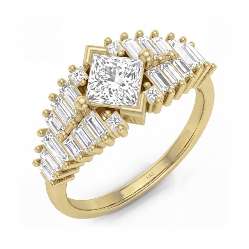 Princelle - art deco princess cut moissanite ring met getrapte baguettes op de schouders