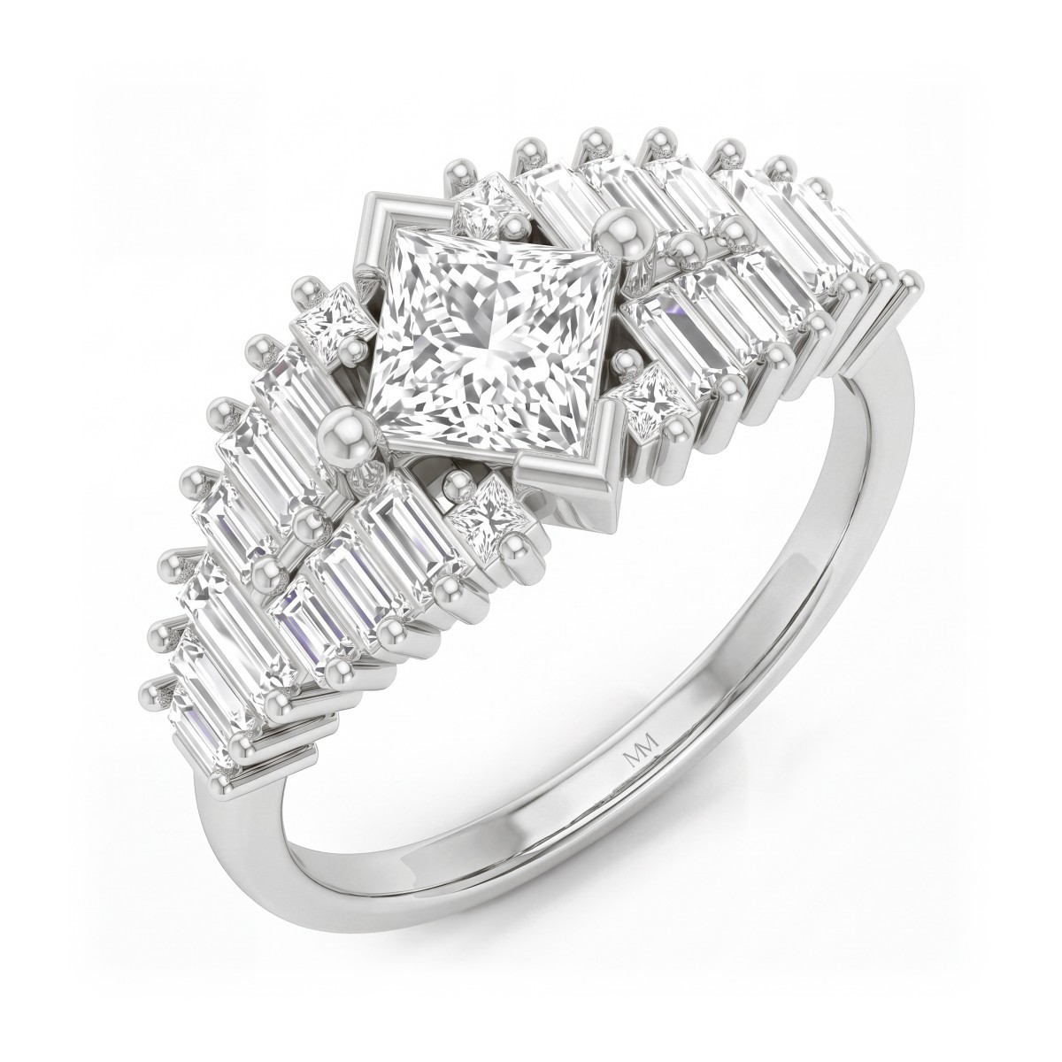 Princelle - art deco princess cut moissanite ring met getrapte baguettes op de schouders