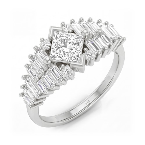 Princelle - art deco princess cut moissanite ring met getrapte baguettes op de schouders