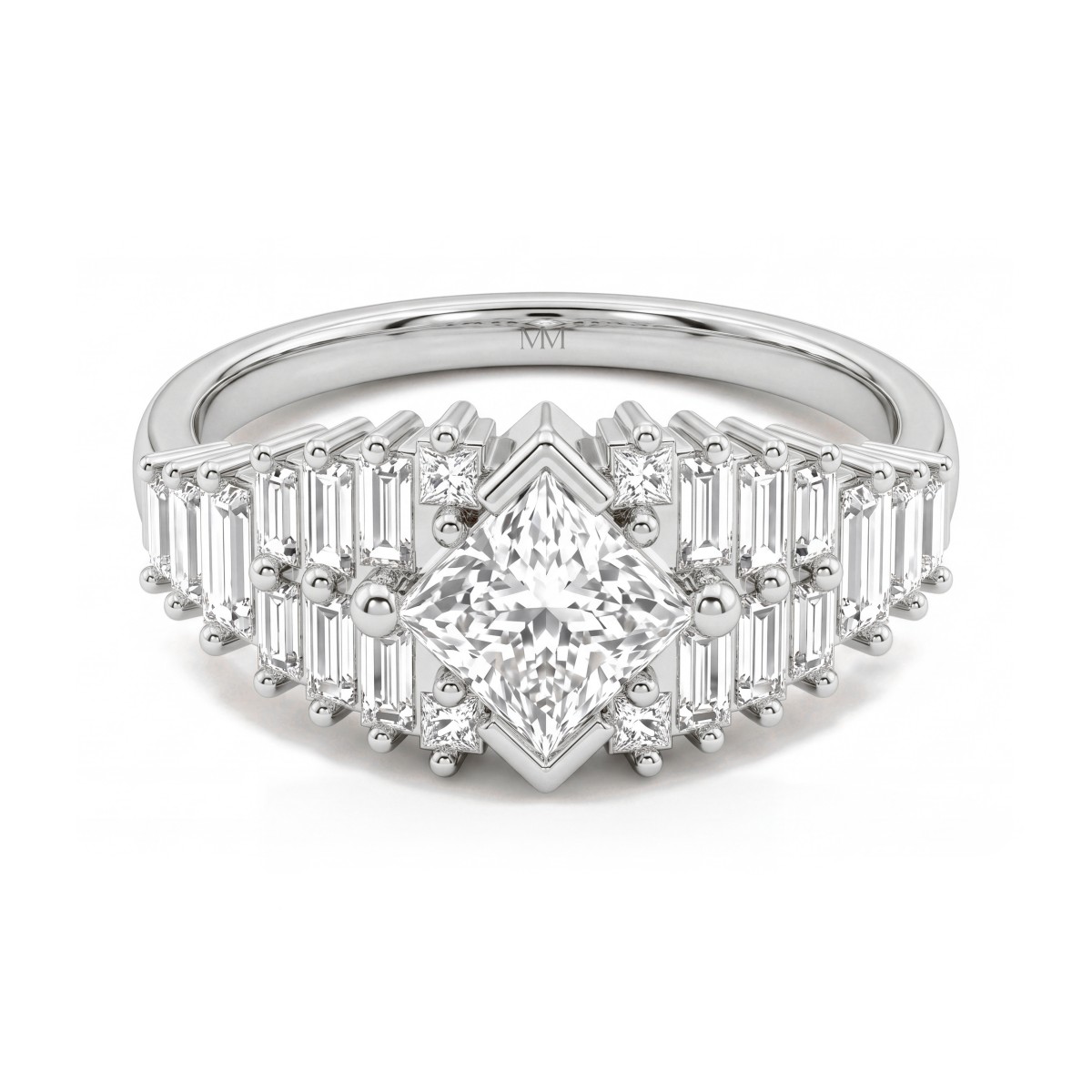 Princelle - art deco princess cut moissanite ring met getrapte baguettes op de schouders
