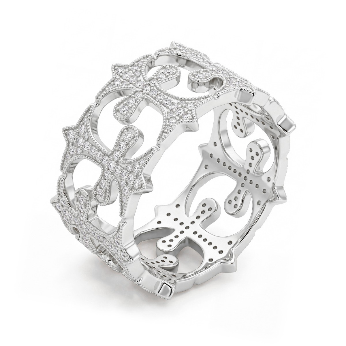 Templar - ronde moissanite eternity ring voor heren in pavé zetting met opengewerkte kruisen