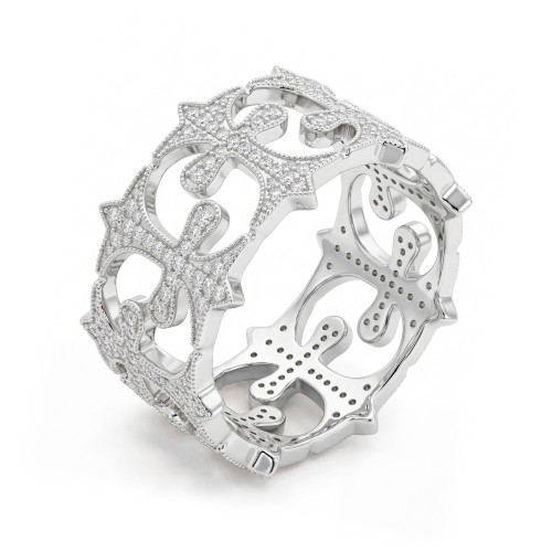 Templar - ronde moissanite eternity ring voor heren in pavé zetting met opengewerkte kruisen