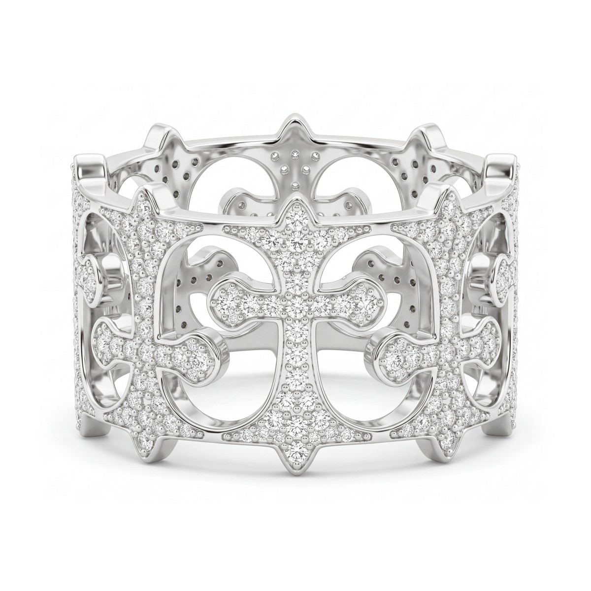 Templar - ronde moissanite eternity ring voor heren in pavé zetting met opengewerkte kruisen