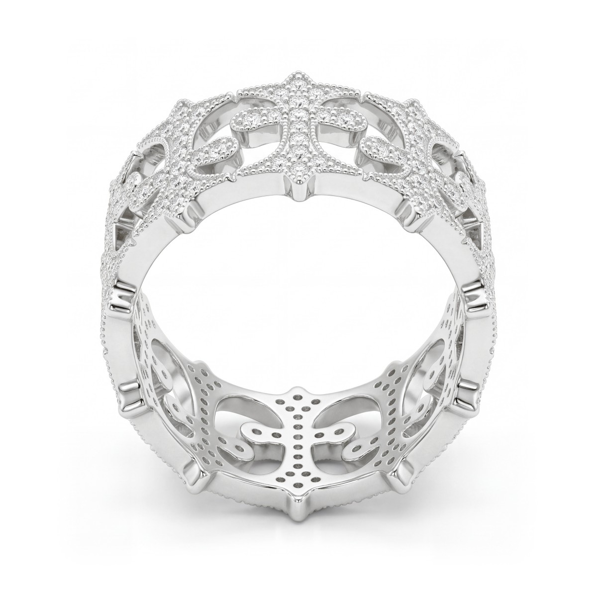 Templar - ronde moissanite eternity ring voor heren in pavé zetting met opengewerkte kruisen