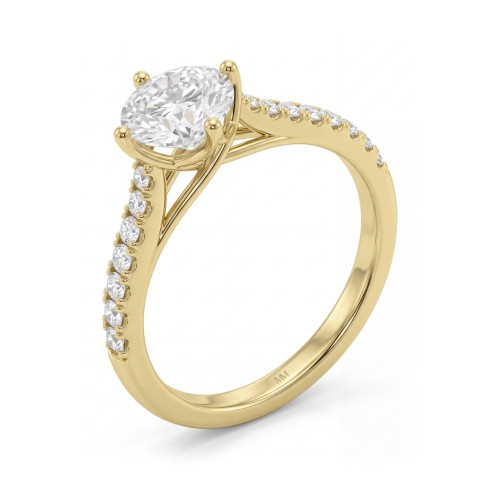 Cadence - ronde moissanite verlovingsring met trellis zetting en aflopend pavé