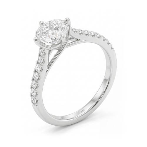 Cadence - ronde moissanite verlovingsring met trellis zetting en aflopend pavé