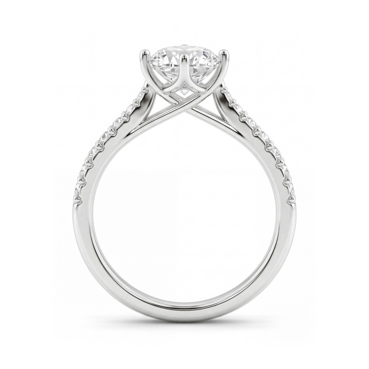 Cadence - ronde moissanite verlovingsring met trellis zetting en aflopend pavé