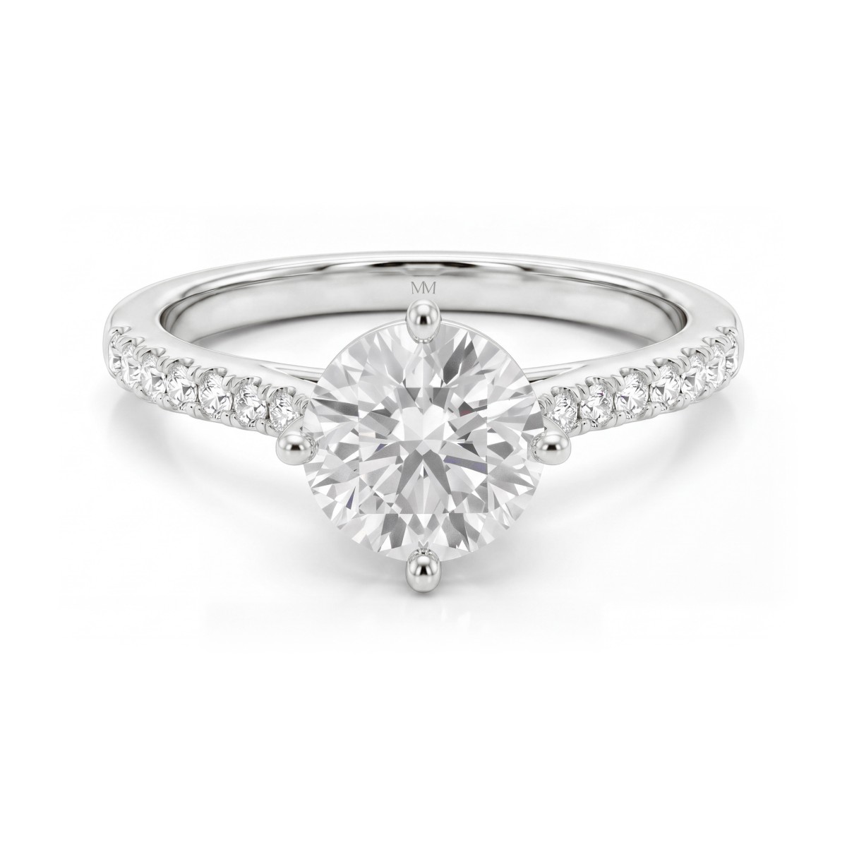 Cadence - ronde moissanite verlovingsring met trellis zetting en aflopend pavé