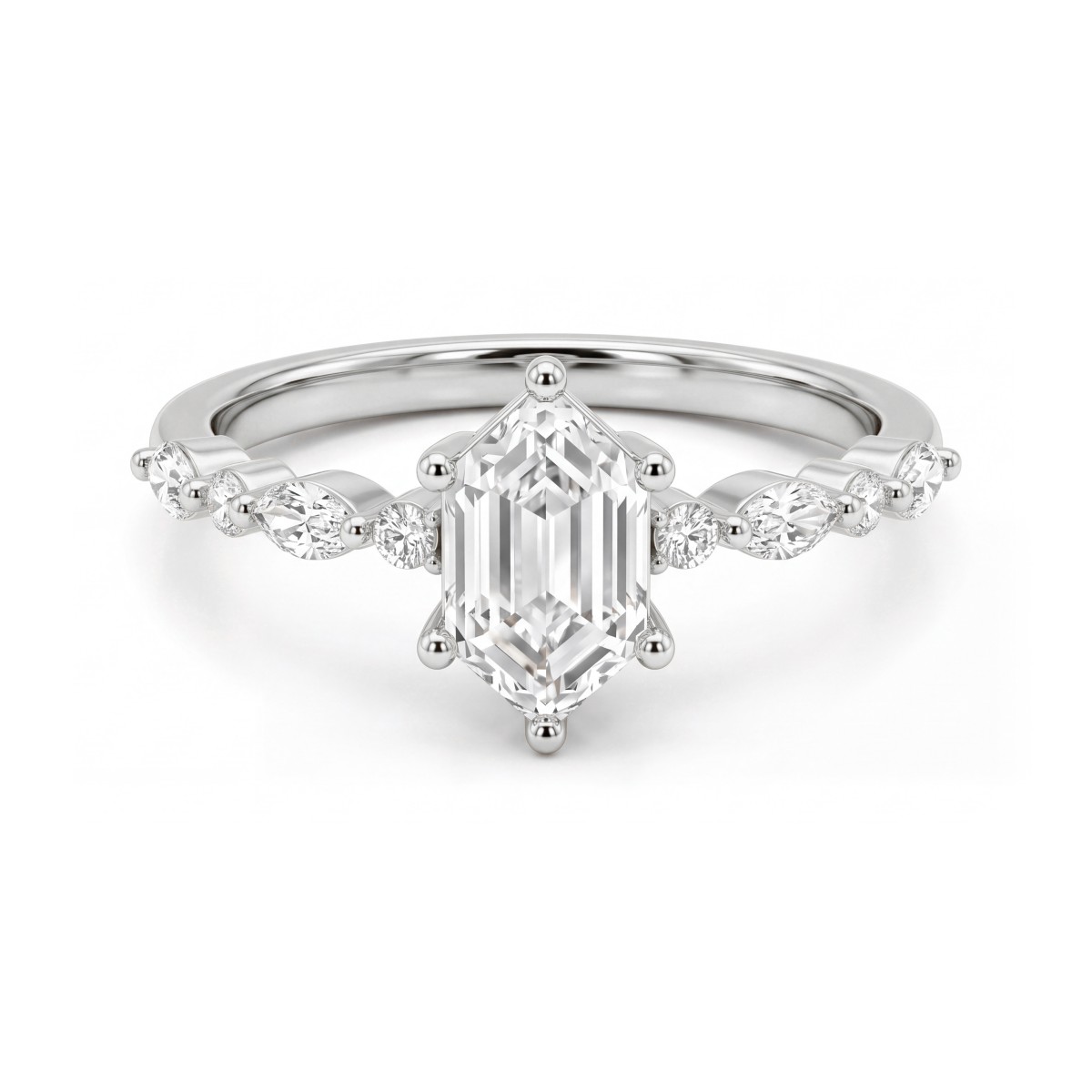 Prisma - elongated hexagon moissanite verlovingsring met marquise en ronde zijstenen