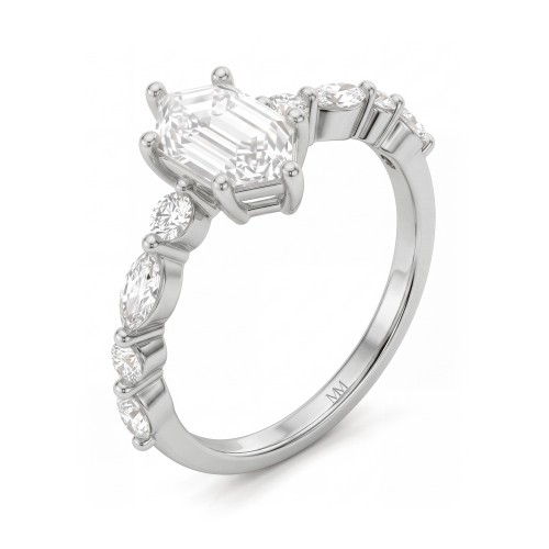 Prisma - elongated hexagon moissanite verlovingsring met marquise en ronde zijstenen