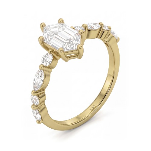 Prisma - elongated hexagon moissanite verlovingsring met marquise en ronde zijstenen