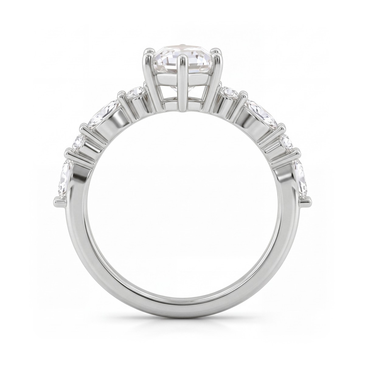 Prisma - elongated hexagon moissanite verlovingsring met marquise en ronde zijstenen