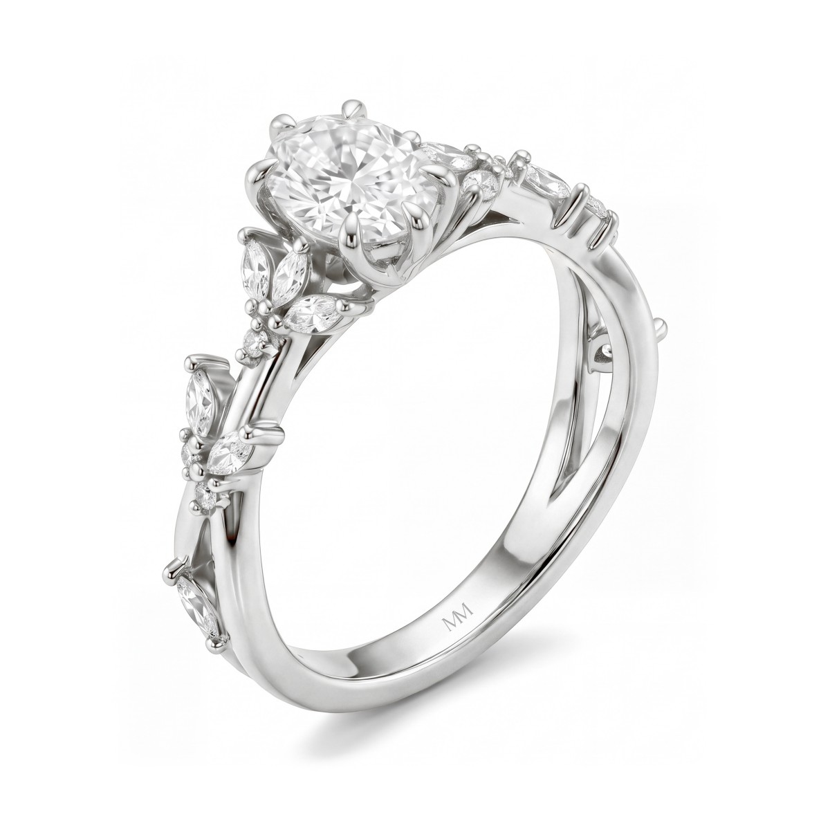 Sylvaine - ovale moissanite verlovingsring met marquise bladclusters en split shank