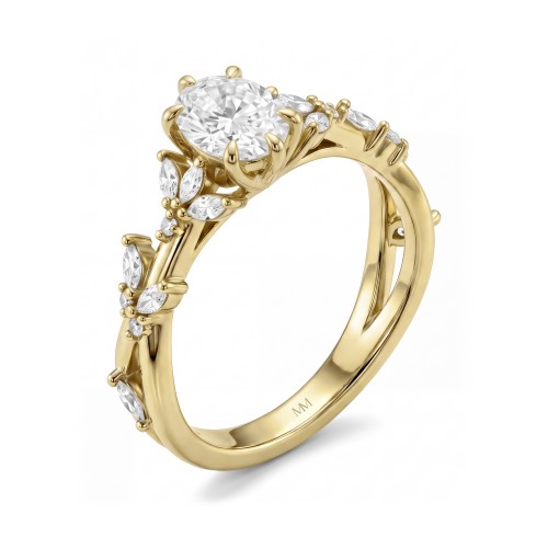 Sylvaine - ovale moissanite verlovingsring met marquise bladclusters en split shank