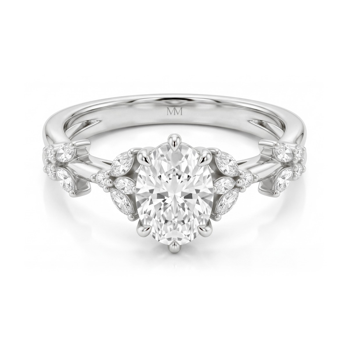Sylvaine - ovale moissanite verlovingsring met marquise bladclusters en split shank