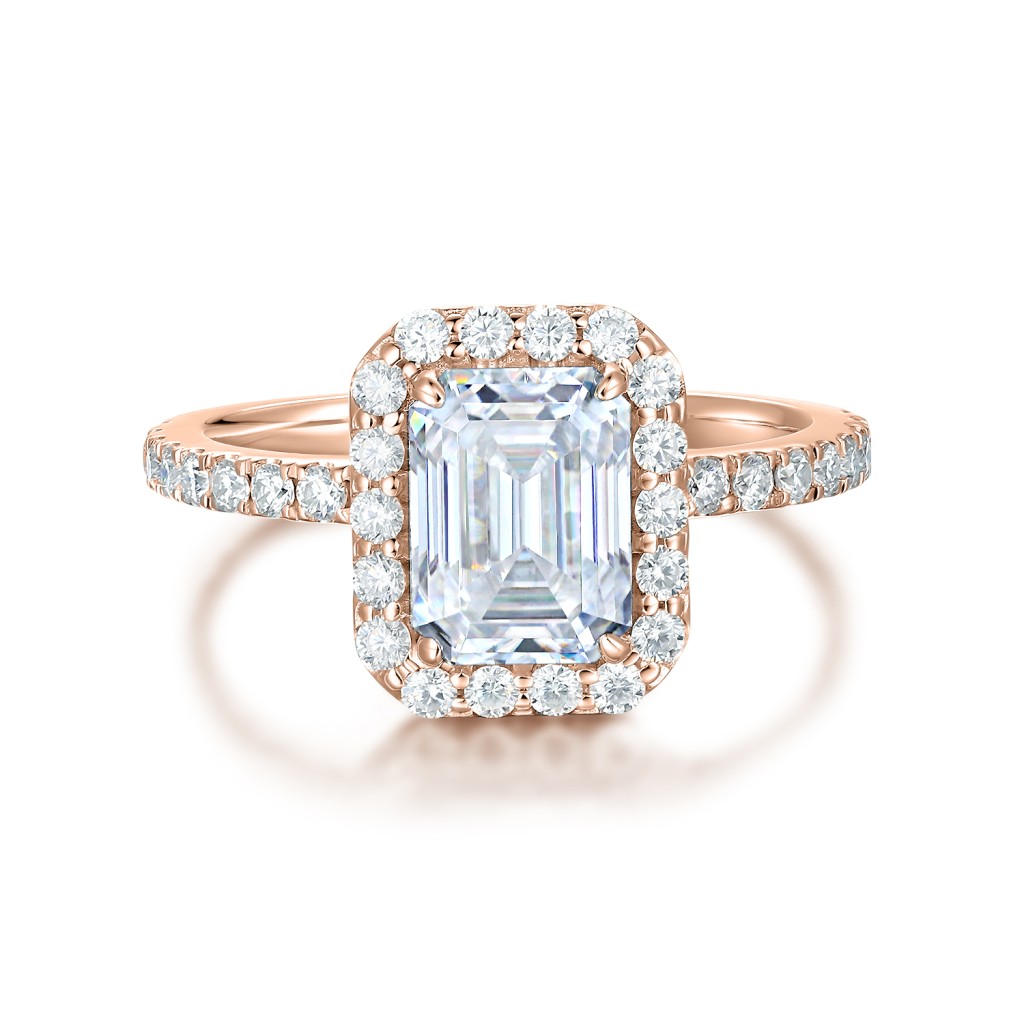 Esmeralda – Smaragd Geslepen Moissanite Ring in Halo Zetting