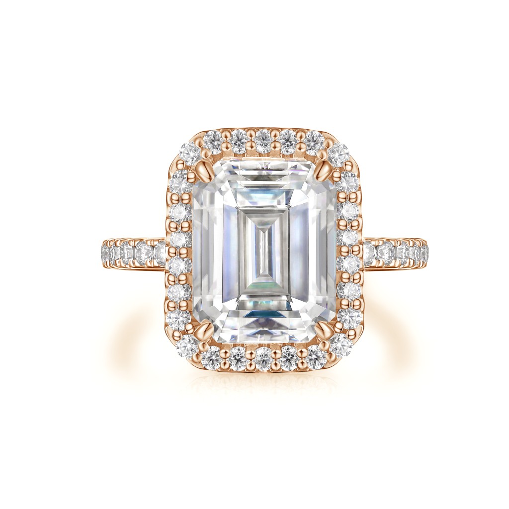 Esmeralda – Smaragd Geslepen Moissanite Ring in Halo Zetting