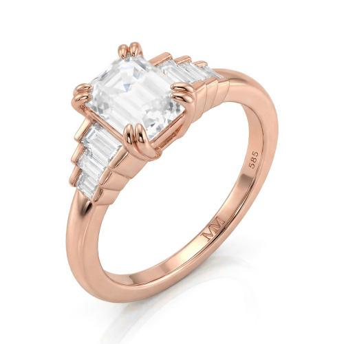 Rectanglo - Smaragd Geslepen Moissanite Ring met Baguette Accenten