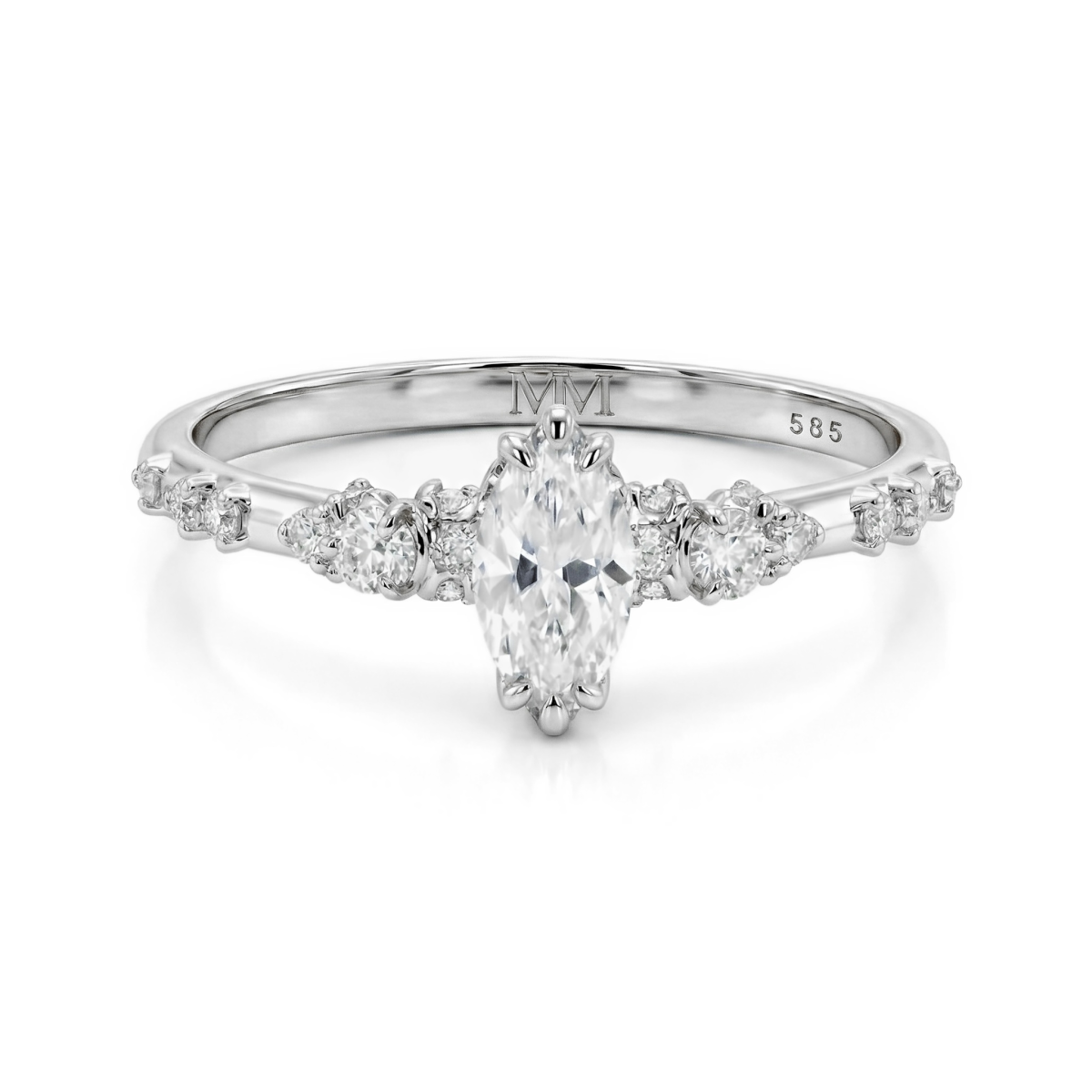 Elegante - Marquise Moissanite Ring met Vintage Geïnspireerde Minimalistische Zijstenen