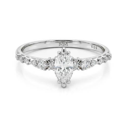 Elegante - Marquise Moissanite Ring met Vintage Geïnspireerde Minimalistische Zijstenen