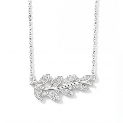 Botanica - Bladmotief Moissanite Ketting in een Sierlijke Pave Zetting