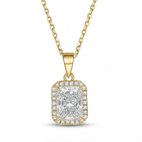 Gemina – radiant moissanite hanger met pavé halo