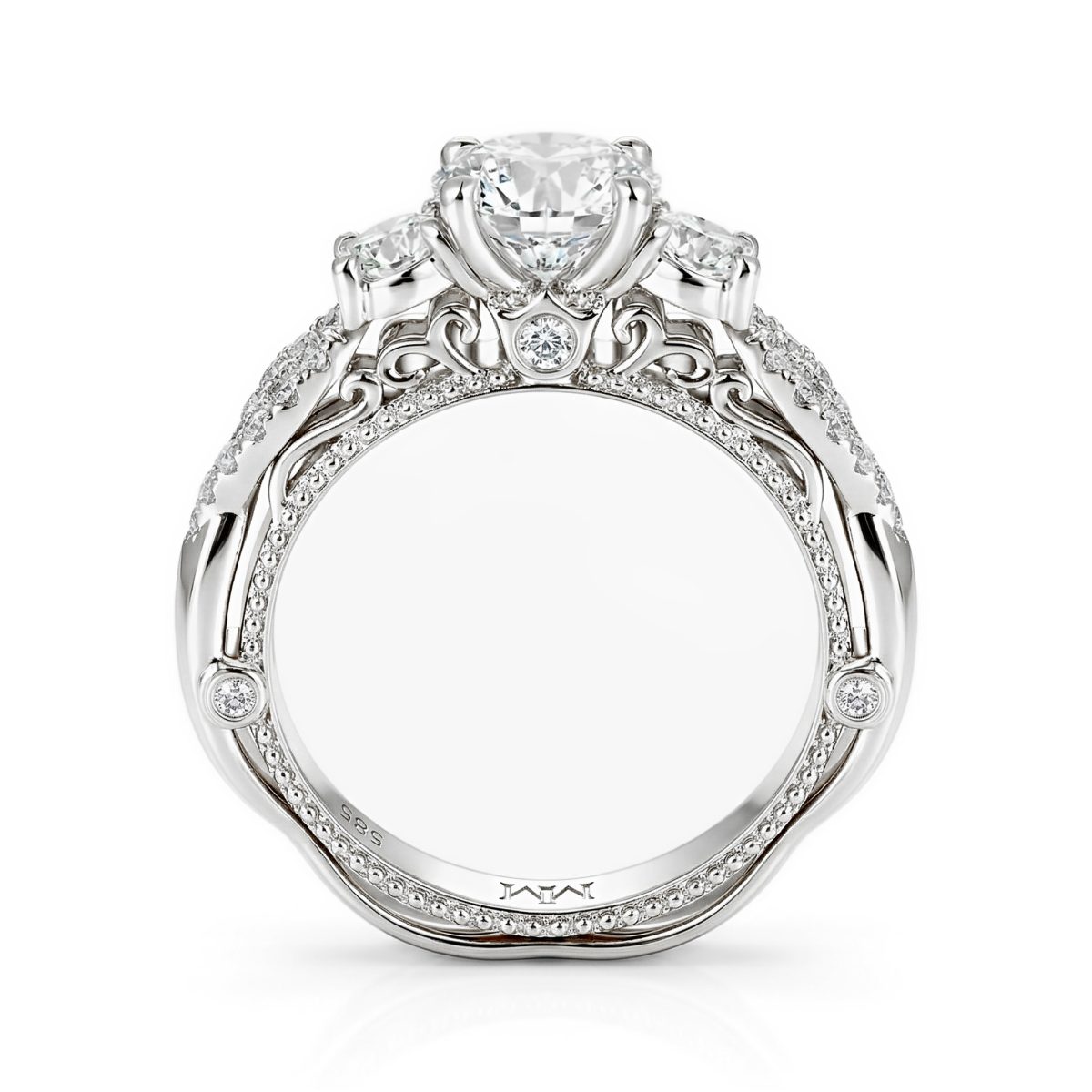 Circe - Vintage Geïnspireerde Moissanite Verlovingsring Met Zijstenen En Filigraan Details