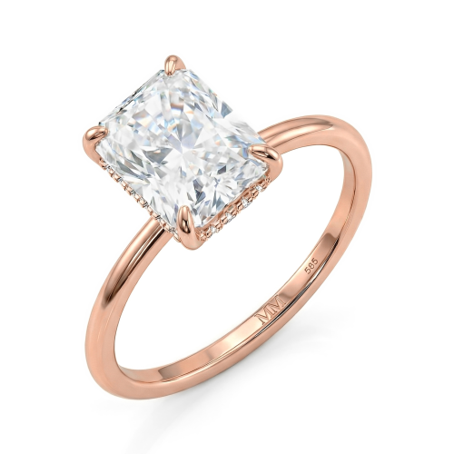 Mirabelle - radiant moissanite solitair ring met mandzetting en hidden halo