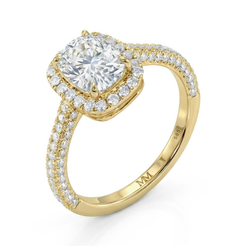 Plushette - elongated cushion moissanite verlovingsring met halo en micropavé ringscheen