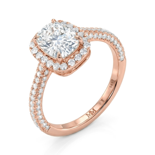 Plushette - Langwerpige Cushion Moissanite Verlovingsring Met Halo en Micropavé Schacht