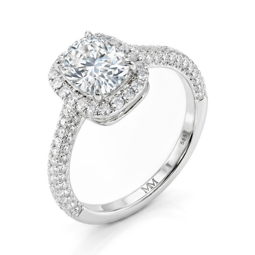Plushette - Langwerpige Cushion Moissanite Verlovingsring Met Halo en Micropavé Schacht