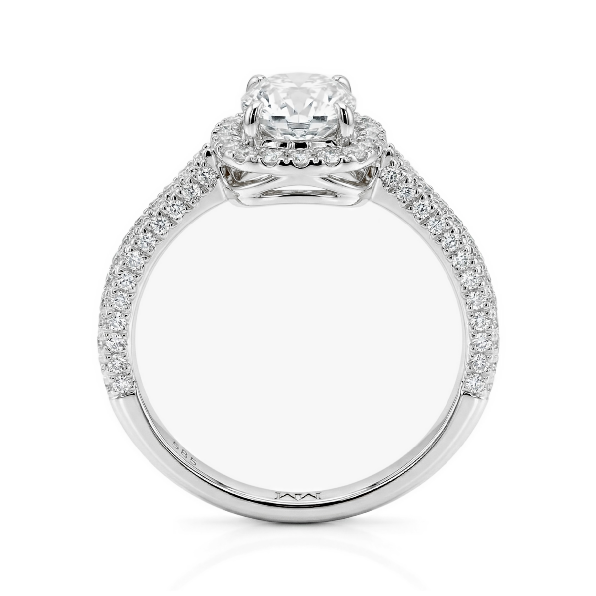 Plushette - Langwerpige Cushion Moissanite Verlovingsring Met Halo en Micropavé Schacht
