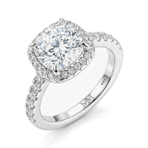 Candesce - Cushion Geslepen Moissanite Halo Verlovingsring Met Geaccentueerde Band