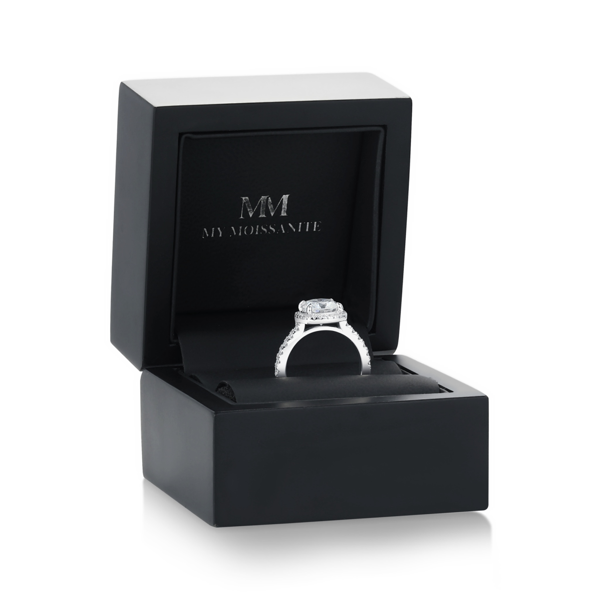 Candesce - Cushion Cut Moissanite Halo Verlovingsring Met Geaccentueerde Band