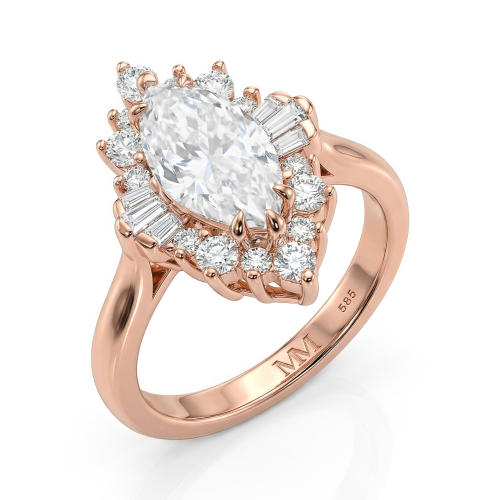 Crownique - Marquise Geslepen Moissanite Verlovingsring Met Halo En Baguette Accenten