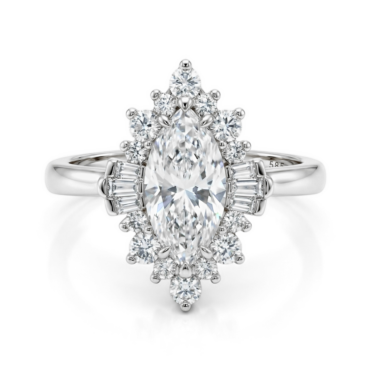 Crownique - Marquise Geslepen Moissanite Verlovingsring Met Halo En Baguette Accenten