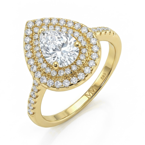 Athena - peervormige moissanite verlovingsring met dubbele halo en pavé ringscheen