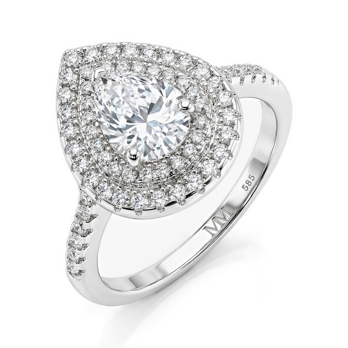 Athena - Peer Geslepen Moissanite Verlovingsring Met Dubbele Halo En Pavé Schacht