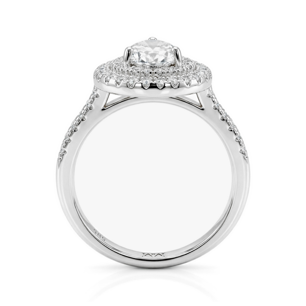 Athena - Peer Geslepen Moissanite Verlovingsring Met Dubbele Halo En Pavé Schacht