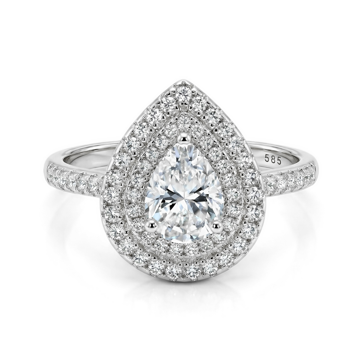 Athena - Peer Geslepen Moissanite Verlovingsring Met Dubbele Halo En Pavé Schacht