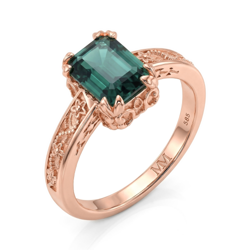 Verdisia - Vintage Smaragd Geslepen Groene Moissanite Verlovingsring met Bloemmotief