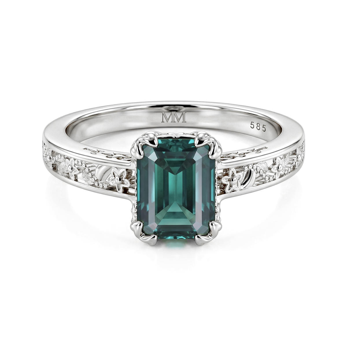 Verdisia - Vintage Smaragd Geslepen Groene Moissanite Verlovingsring met Bloemmotief