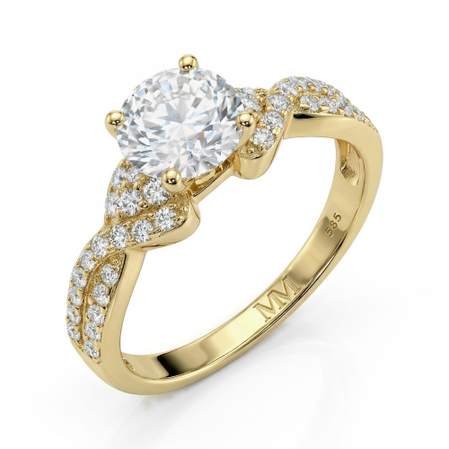 Mirari - moissanite verlovingsring met gedraaide split shank en accenten in pavézetting