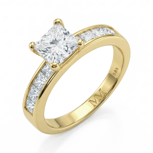 Clarity - princess cut moissanite verlovingsring met zijstenen in kanaalzetting