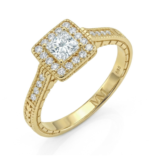 Paragone - princess cut moissanite verlovingsring met halo en getextureerde ringband