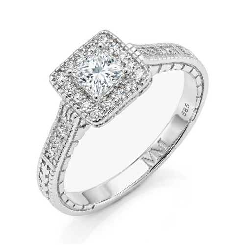 Paragone - Princess Geslepen Moissanite Halo Verlovingsring Met Textuurband