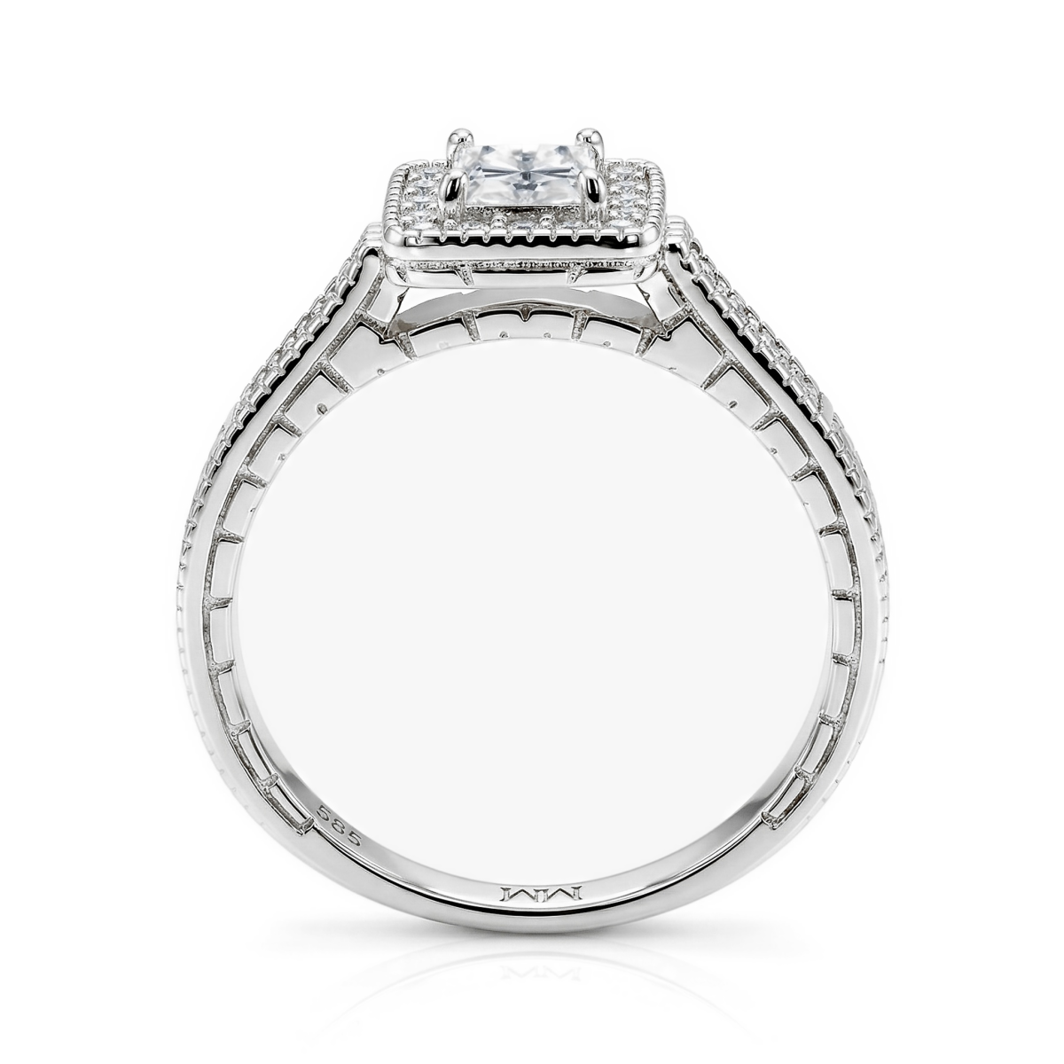 Paragone - Princess Geslepen Moissanite Halo Verlovingsring Met Textuurband