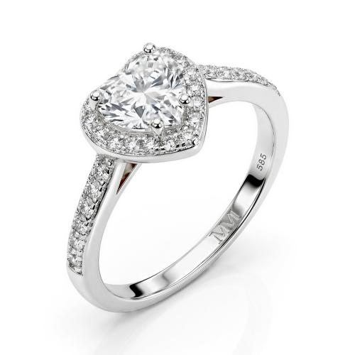 Amoria - hartvormige moissanite verlovingsring met halo en pavé zijstenen