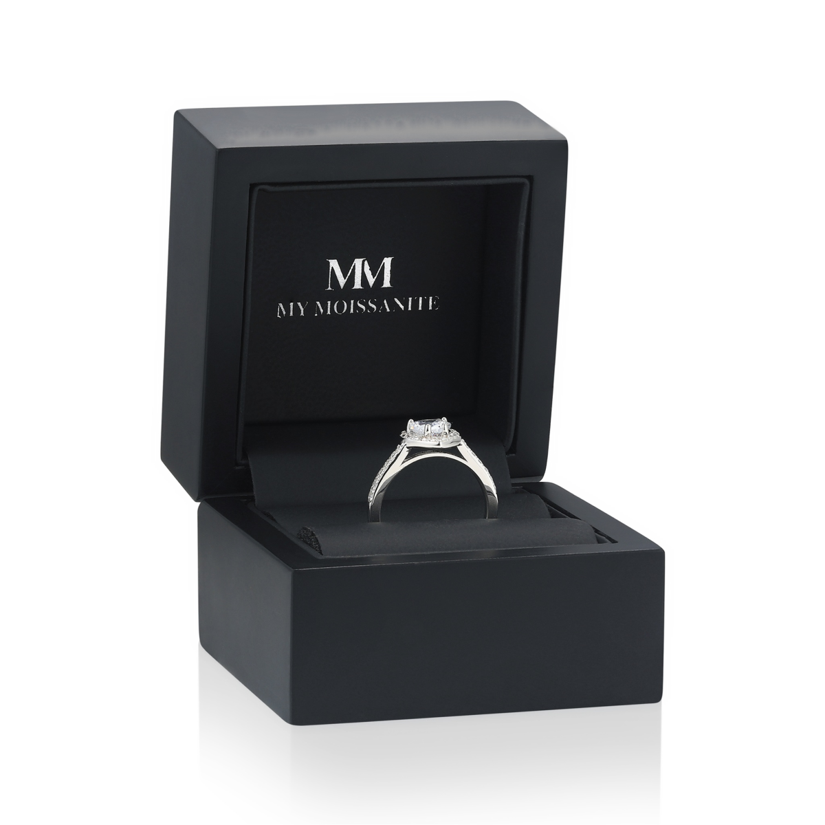 Amoria - Hart Geslepen Moissanite Verlovingsring Met Halo En Pavé Zet Zijstenen