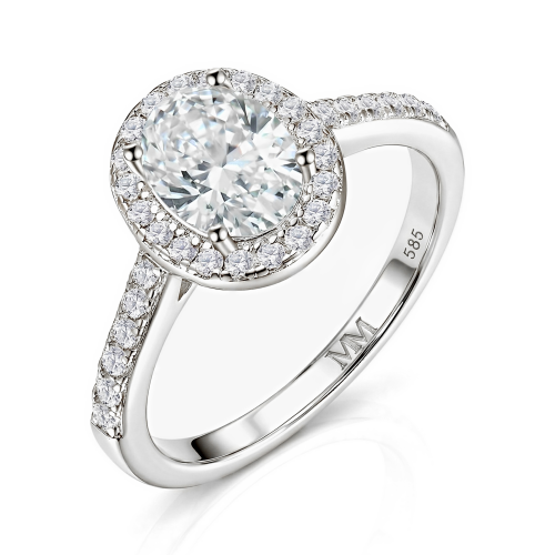 Orletta - ovale moissanite verlovingsring met pavé halo en pavé ringband